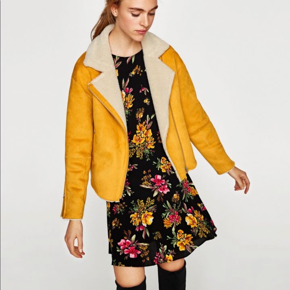 Zara Mustard Faux Suede/Shearling Moto Jacket